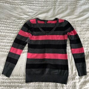 Rue21 Women's Pink and Black Striped V-Neck Sweater